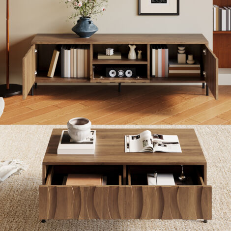 Wohnzimmerset mit 1 TV-Schrank und 1 Couchtisch, Wellenoptik und Stauraum, für Wohnzimmer, MDF, Natur