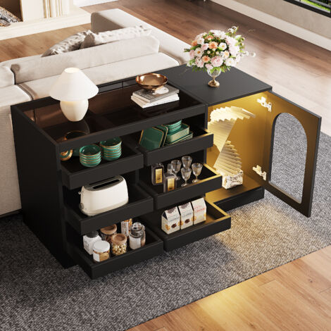 Sideboard mit 6 Schubladen und LED, aus MDF, Schwarz, für Wohnzimmer Esszimmer oder Schlafzimmer, 120 x 40 x 75 cm