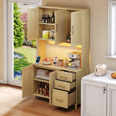 Küchenbuffet mit 3 Schubladen, 3 Türen, 2 Verstellbaren Einlegeböden, LED und Steckdosen, für Küche, MDF, Natur