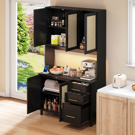 Küchenbuffet mit 3 Schubladen 3 Türen LED, Steckdosen und USB, verstellbaren Einlegeböden, MDF, Schwarz