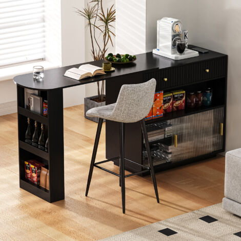 Bartisch drehbar mit Stauraum, LED und USB-Anschlüssen für Küche und Esszimmer, Schwarz, 120 x 50 x 95,5 cm