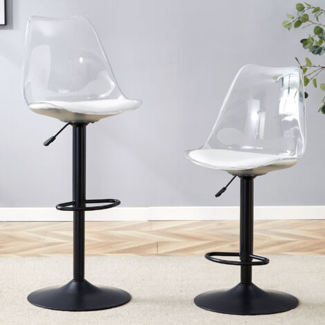 Set aus 2 Barhockern Hoehenverstellbar Drehbar mit Transparenter Rueckenlehne, fuer Kueche oder Bistro, Metall und Kunststoff, Schwarz Transparent