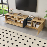 TV-Schrank mit 3 Offenen Fächern und Kabeldurchlässen, 3 Türen mit Regalen, Modern, aus Spanplatte, 200×45×45 cm, Grau Schwarz Natur