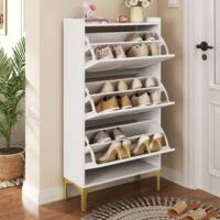 Schuhschrank mit 3 Klappen und 6 Relief-Elementen, Goldene Metallfüße, Modern, aus MDF, Weiß, 63×24×120 cm