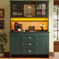Hoher Küchenschrank mit Glastüren, Schubladen, LED und Verstellbaren Einlegeböden, MDF, Grün, 120x40x179 cm