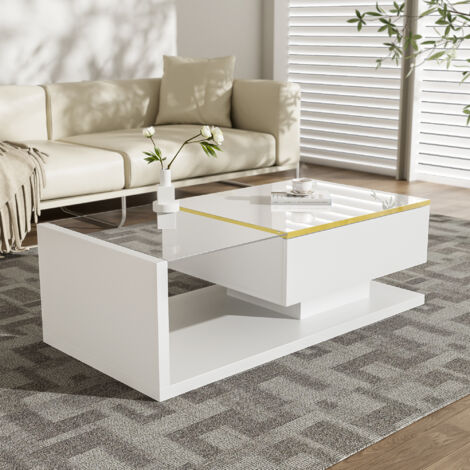 Tavolino da Salotto con Piano in Vetro Temperato e LED Bluetooth 16 Colori, Bianco Lucido, con Ripiani Aperti, Bianco
