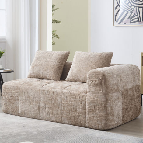 Divano Lineare 2 Posti con Tasche Laterali e Cuscino Comfort Imbottitura a Ritorno Rapido Design Moderno in Ciniglia Color Cachi