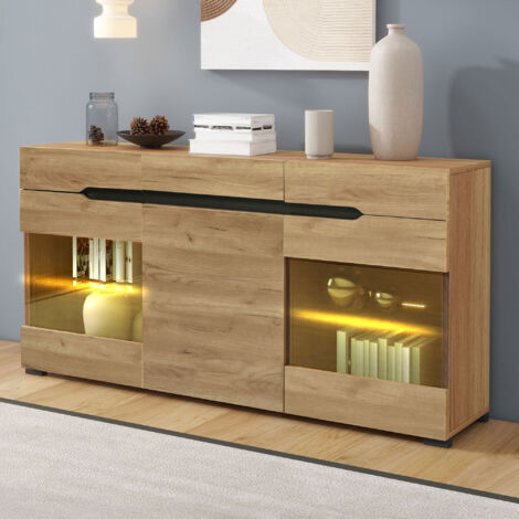 Credenza con 3 Ante e 3 Cassetti e LED, Frontale Lucido, Stile Moderno, Soggiorno, in Pannello Truciolare, 140×35×80 cm, Rovere