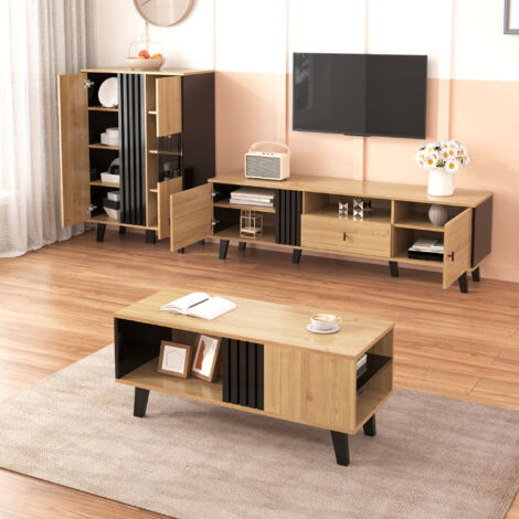 Set Di Mobili Da Soggiorno con 1 Tavolino, 1 Mobile TV e 1 Credenza con LED, per Soggiorno, Vetro e Pannello Truciolare, Nero e Legno