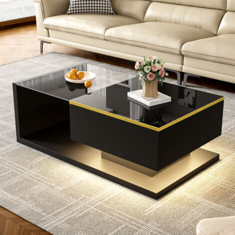 Tavolino da Salotto 90×50×32,5 cm con Piano in Vetro e LED 16 Colori, Nero Lucido, in Pannello truciolare, Nero