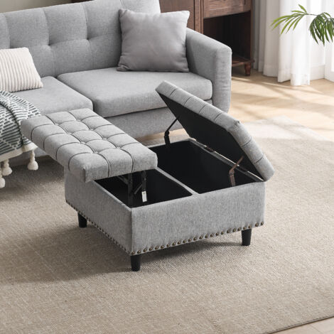 Panca Contenitore Quadrata con Coperchio Sollevabile, Doppio Vano, Seduta Imbottita in Lino Grigio