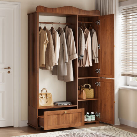 Armadio Aperto con Specchio a Figura Intera, 2 Ante, 1 Cassetto, Barra Appendiabiti, Stile Moderno, in MDF, Noce, 115,5×38,5×194,5 cm