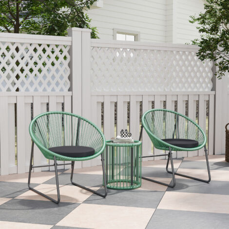 Salotto da Giardino con 2 Poltrone e 1 Tavolino, Stile Acapulco per 2 persone, Cuscini, Rattan e Acciaio, Verde (1/5)