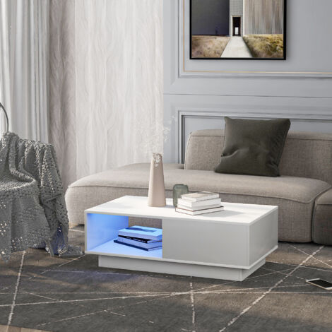 Tavolino da Salotto Rettangolare con LED 15 Colori, Bianco Lucido, Stile Moderno, in Pannello Truciolare, 95×55×32 cm