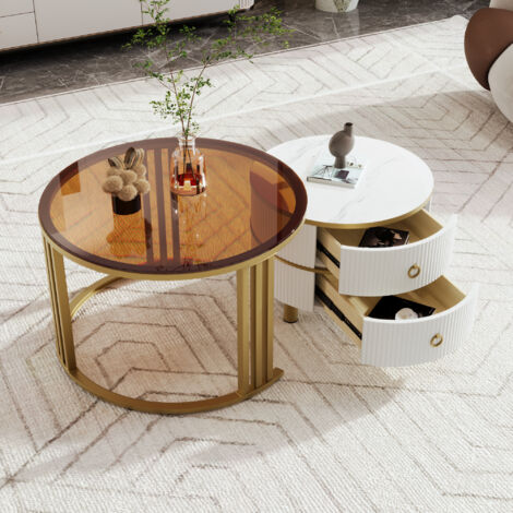 Tavolini da Caffè a Nido Rotondi con 2 Cassetti, Piano Bianco Lucido e Vetro Temperato Marrone, in MDF, Bianco, 70×70×45 + 50×50×40 cm