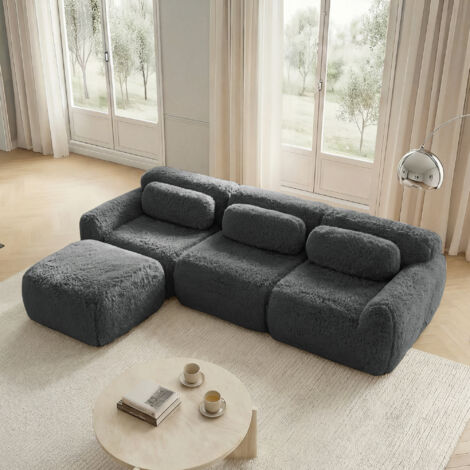 Divano Modulare 3 Posti in Tessuto Scamosciato con Sgabello, Base Antiscivolo, Seduta Larga e 3 Cuscini, Grigio