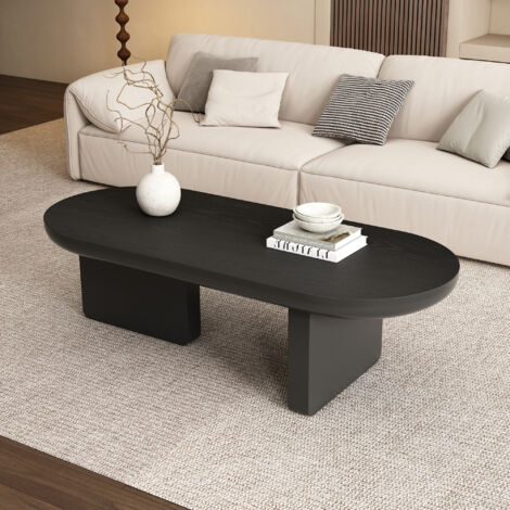 Tavolino da Caffè Ovale con 2 Gambe Quadrate, Stile Minimalista Industriale, Verniciato a Spruzzo, in MDF, Nero Opaco, 119,7×49,8×35,5 cm