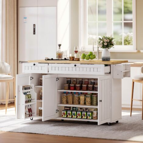 Carrello da Cucina con 2 Cassetti, Piano Ribaltabile, Portasciugamani e Portaspezie, in MDF, 137×45×89,5 cm