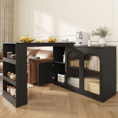 Mobile Bar Girevole con Ripiani Aperti e Vani Chiusi, Anta in Vetro, per Cucina e Sala da Pranzo, in MDF, Nero