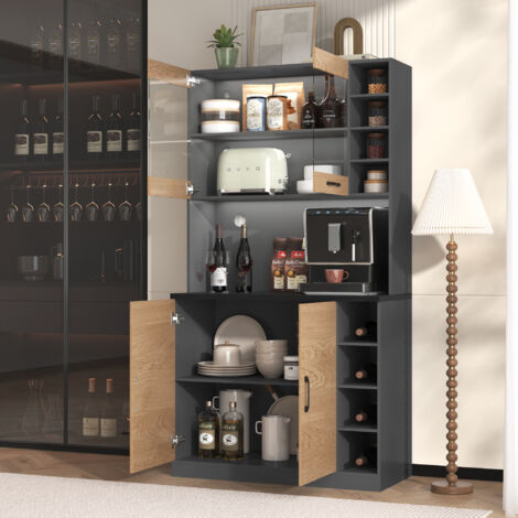 Credenza da Cucina Alta con 4 Vani Regolabili, 2 Ante, LED e Fori Passacavo, in MDF, Grigio Naturale, 100 x 47 x 187 cm
