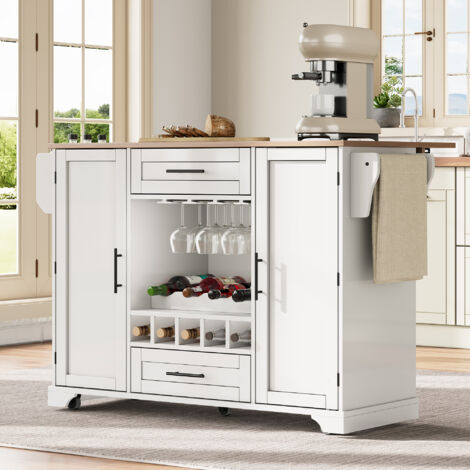 Carrello da Cucina con 2 Ante, 2 Cassetti, Piano Ribaltabile, Portabottiglie e Portasciugamani, 138x45(70)x92 cm