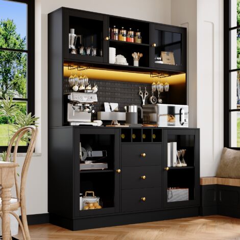 Vetrina da Cucina con Cassetto, Ripiani Regolabili, Portabicchieri e LED, in MDF e Vetro, Nero, 140x40x185,7 cm