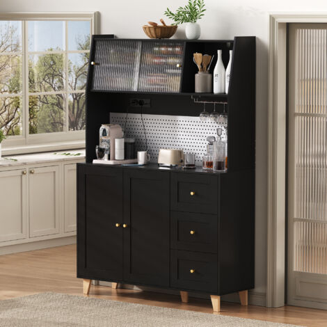 Credenza alta da cucina con 2 ante, 3 cassetti, ripiani regolabili, prese e portabicchieri, in MDF, 120 x 40 x 184 cm, nero