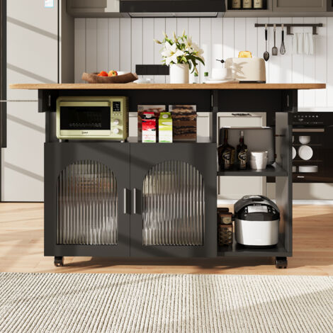 Carrello da Cucina con Piano Ribaltabile, 2 Vani Chiusi, Ripiani Aperti e Ruote, in MDF e Vetro, 120x30x79.5 cm, Nero e Naturale