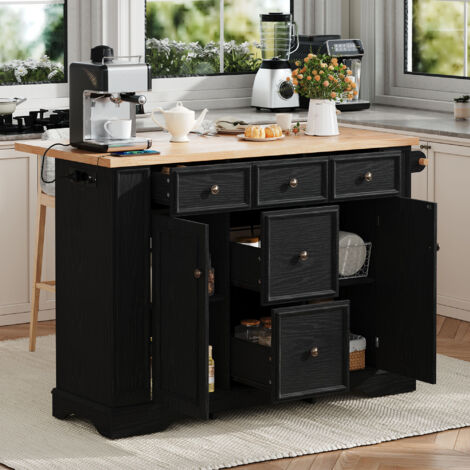 Isola da cucina con 5 cassetti, ripiani regolabili, prese e USB, per cucina e sala da pranzo, MDF, 130,5x40-65x92 cm, nero