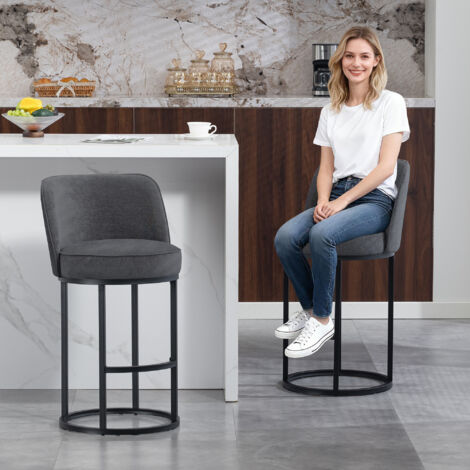 Set di 2 Sgabelli da Bar con Schienale Ergonomico e Poggiapiedi, per Isola Cucina, Lino Grigio