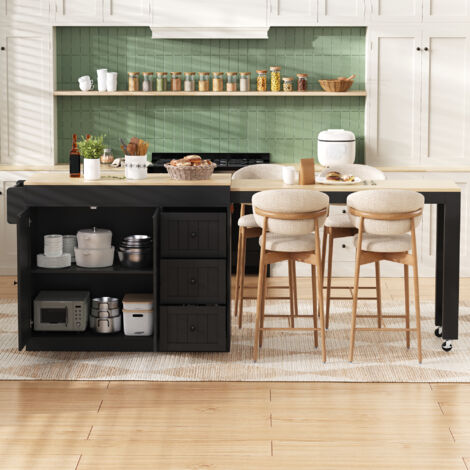 Carrello da Cucina con 3 Cassetti, Portaspezie, Piano Estensibile e Ruote, in MDF, 112-186.8 x 45 x 93 cm, Nero