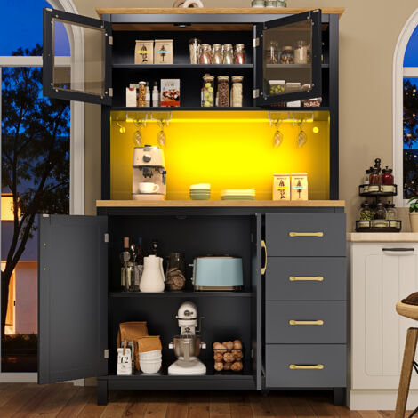 Credenza da Cucina con 4 Ante, Portabottiglie e LED, per Cucina o Sala da Pranzo, in MDF, 105.5x40x180 cm