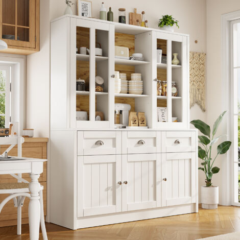 Vetrina alta da cucina con ripiani regolabili e ante in acrilico con sistema antiribaltamento, in MDF, Bianco, 140x38.5x175 cm
