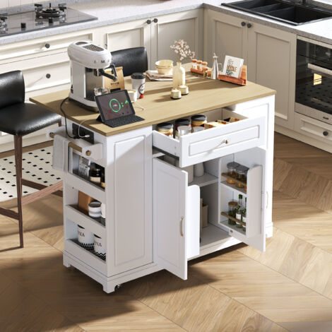 Carrello da Cucina con Piano Ribaltabile, Prese e Vano per Rifiuti, in MDF, Bianco e Naturale, 131,8 x 40-70 x 93,3 cm