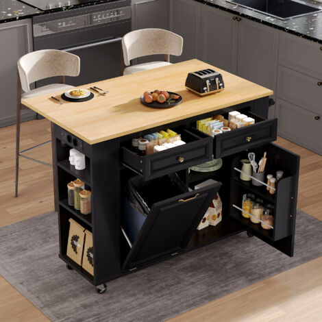 Carrello da Cucina con Piano Estensibile, Vano per Pattumiera, Prese, Portasciugamani e Ruote