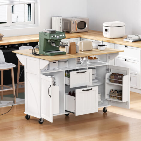 Carrello da Cucina con 2 Ante, 2 Cassetti, Piano Pieghevole, Prese e Portasciugamani, in MDF, Bianco e Naturale