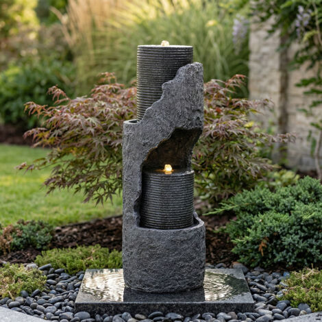 Fontana da Giardino con Pompa dell'Acqua e Illuminazione LED, Effetto Pietra Naturale in Resina, Grigio