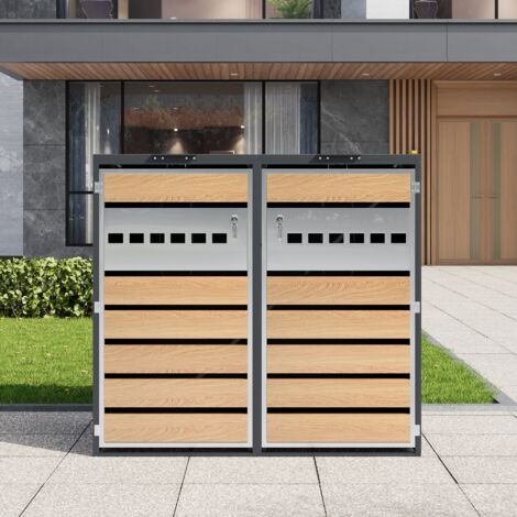 Box Copribidoni con Coperchio Ribaltabile Idraulico e 2 Scomparti con Serratura in Acciaio Grigio Effetto Legno (1/5)