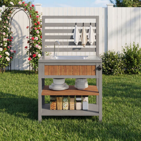Armadio da Giardino con Lavello e Rubinetto, Apribottiglie Integrato, Ripiani e Ganci, in Legno Massello Naturale 80 x 51 x 148,5 cm