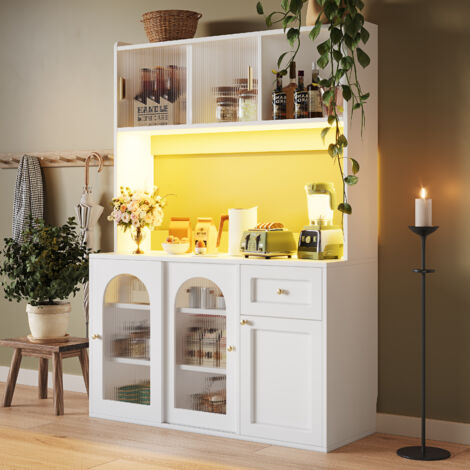 Credenza Cucina Alta con Ante Scorrevoli in Vetro, Cassetti, Ripiani Regolabili e LED, in MDF, 120x35x167 cm