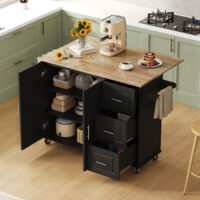 Carrello da Cucina con 2 Ante, 3 Cassetti, Ripiano Regolabile e Portasciugamani, in MDF, 137x43x92 cm, Nero