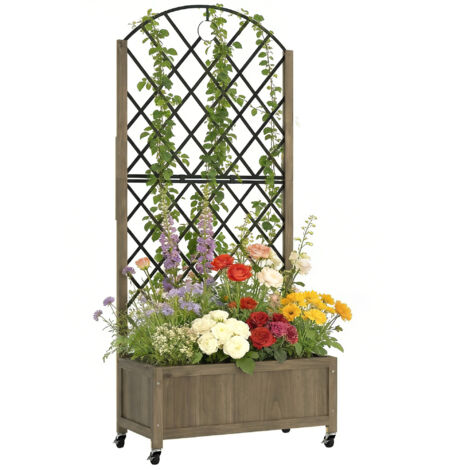Jardinière en Bois avec Grillage Métallique et Roulettes pour Plantes Grimpantes Pot Élégant 72x36x168 cm Carbonisé (1/5)