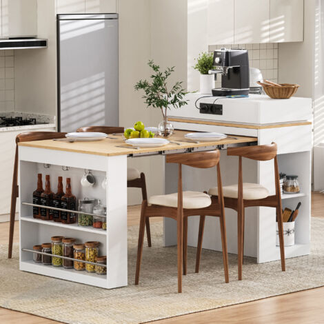 Îlot de cuisine à roulettes, table à manger extensible avec plateau pliable, table de bar avec multiprise et crochets, sert d'îlot de cuisine, de buffet ou de table de bar pour la cuisine et la salle 