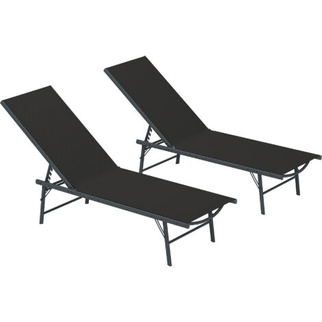 Lot de 2 bain de soleil chaise longue pliante textilène transat jardin extérieur inclinable 54 x 164 x 84 cm noir (1/5)
