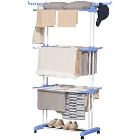 Séchoir à linge sur roulettes ailes latérales pliables pour intérieur et extérieur 73 x 64 x 177 cm bleu argent