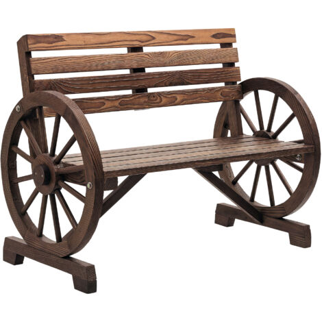 Banc de jardin, design de roue de wagon, pour 2 personnes, bois naturel, brun foncé, dimensions 105,5 x 56 x 79 cm (1/5)