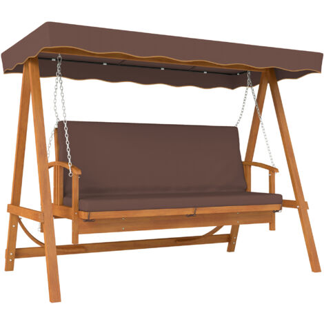 Balançoire hollywoodienne avec toit solaire, balançoire de jardin en bois véritable, banc balançoire avec fonction couchage, pour 3 personnes, marron (1/5)