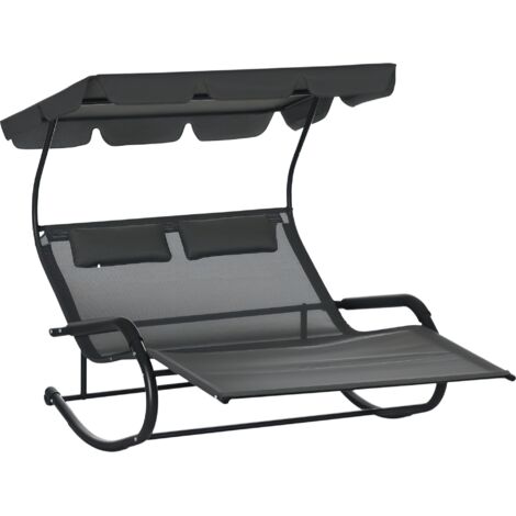 Chaise longue double pour 2 personnes, inclut oreillers et auvent, 200 cm x 139 cm x 140 cm, gris foncé (1/5)