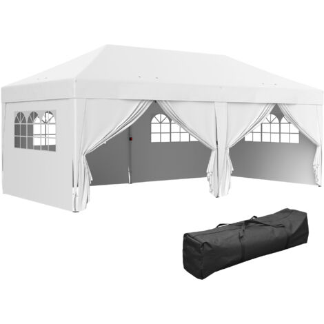 Tonnelle de jardin exterieur tonnelle pliante 3 x 6 m avec 6 parois latérales, sac de transport inclus, blanc (1/5)