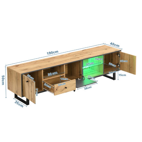 Meuble TV bas pour salon avec éclairage LED, cloison en verre, charnières amorties et design assorti. (1/5)